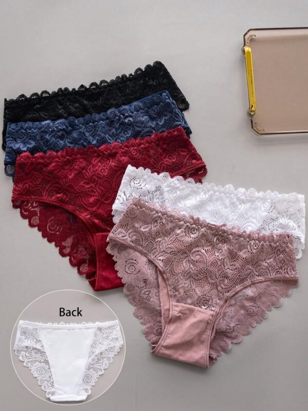 5 piezas Ropa interior femenina triangular de encaje de unicolor - Imagen 3