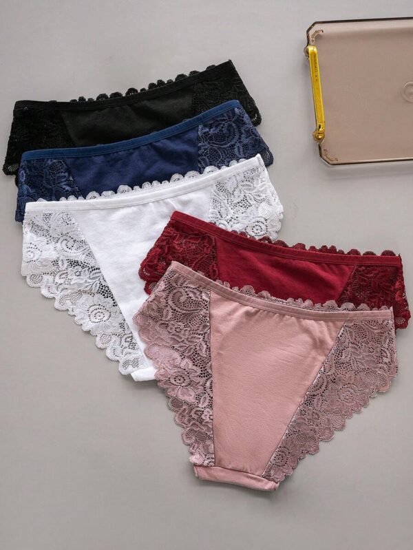 5 piezas Ropa interior femenina triangular de encaje de unicolor - Imagen 2