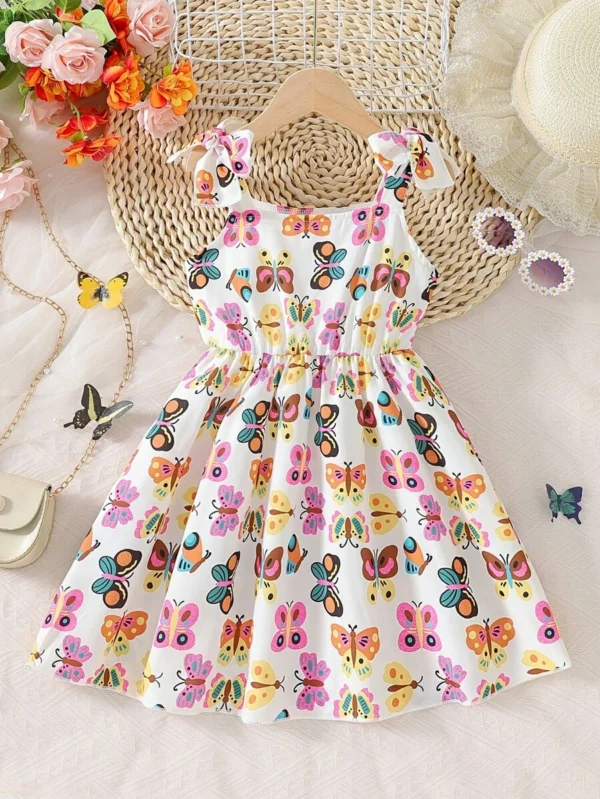 Vestido De Tirantes Spaghetti Para Niñas Jóvenes Con Lindo Patrón Estampado De Lazo