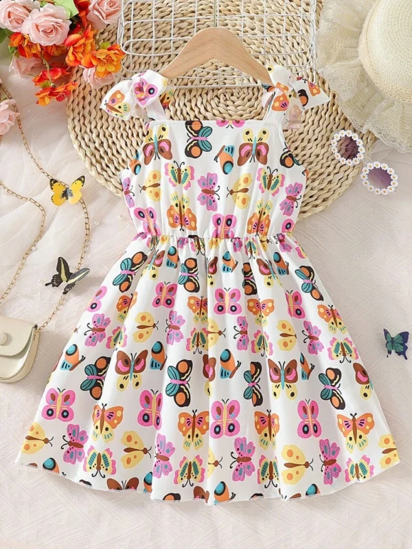 Vestido De Tirantes Spaghetti Para Niñas Jóvenes Con Lindo Patrón Estampado De Lazo - Imagen 2