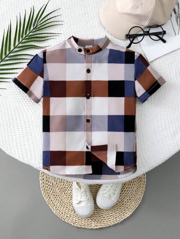 Camisa De Manga Corta A Cuadros Con Cuello Alto Para Niño