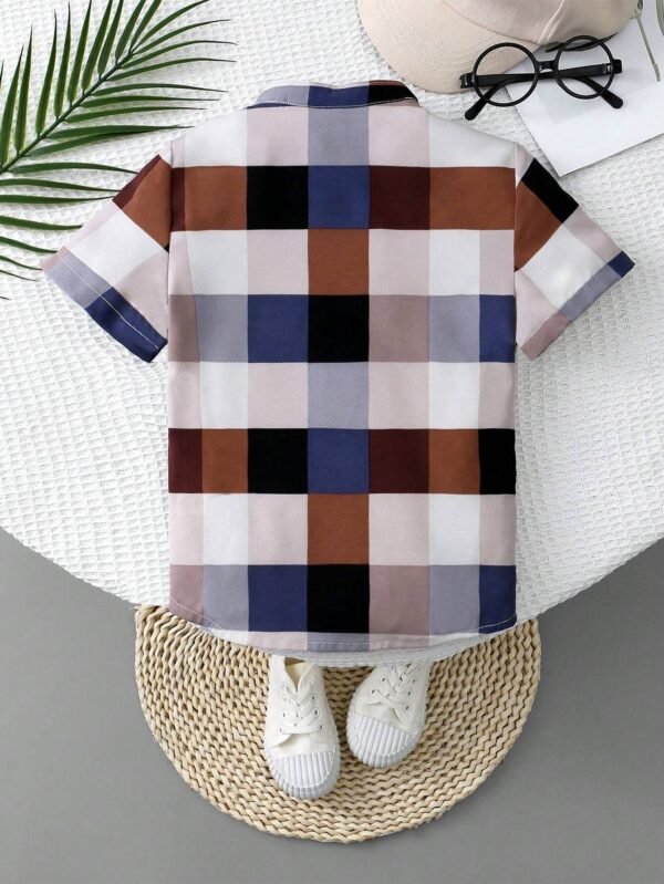 Camisa De Manga Corta A Cuadros Con Cuello Alto Para Niño - Imagen 3