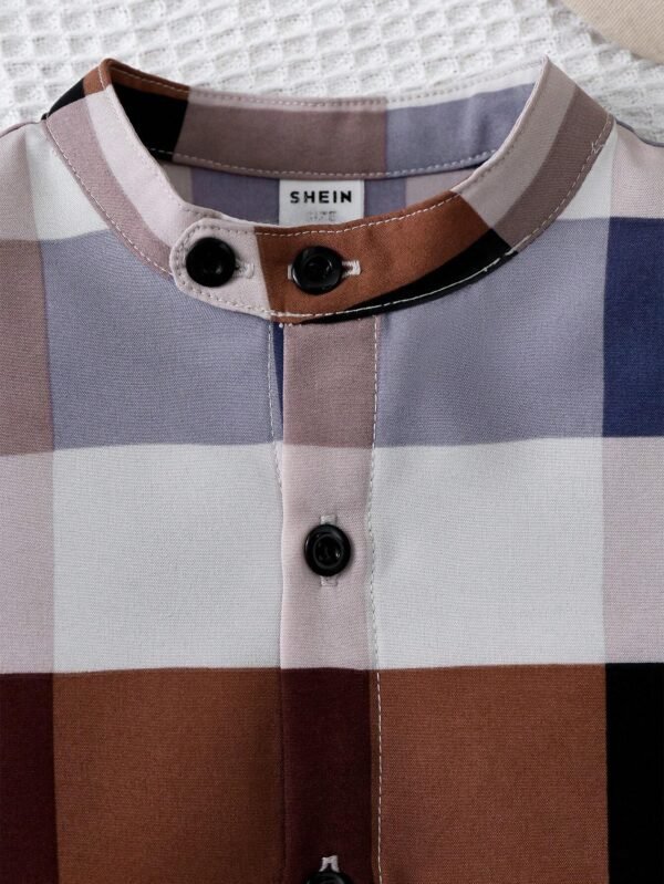 Camisa De Manga Corta A Cuadros Con Cuello Alto Para Niño - Imagen 2