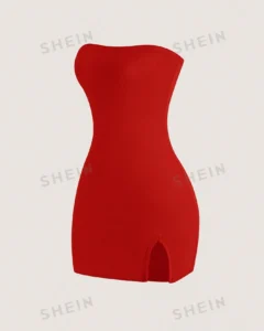 Vestido bandeau ajustado de unicolor para mujer con abertura alta