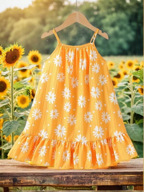 Vestido Midi Con Estampado De Crisantemo Amarillo Para Niña