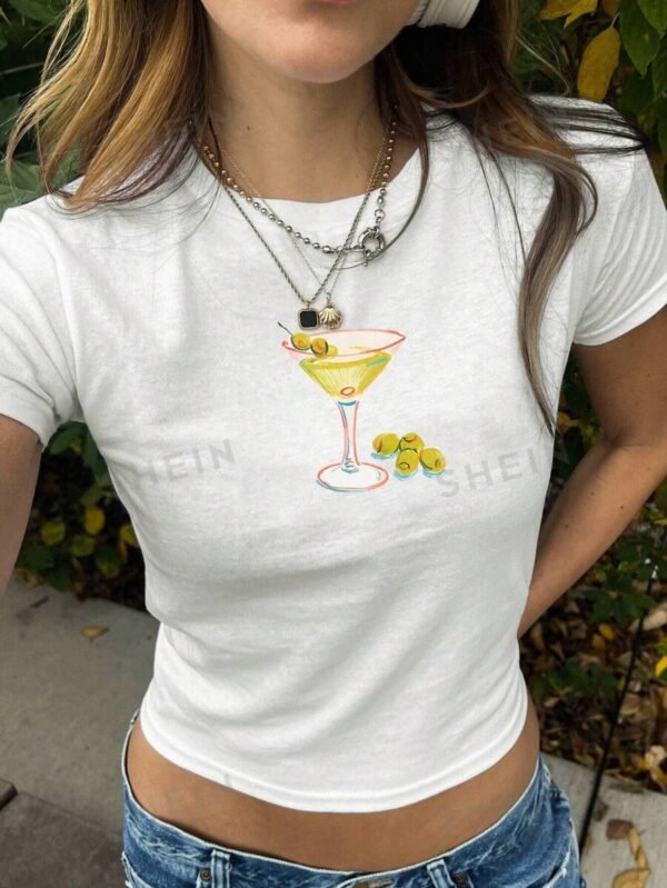 Camiseta De Manga Corta Impresa Para Mujer Con Diseño De Copa De Vino