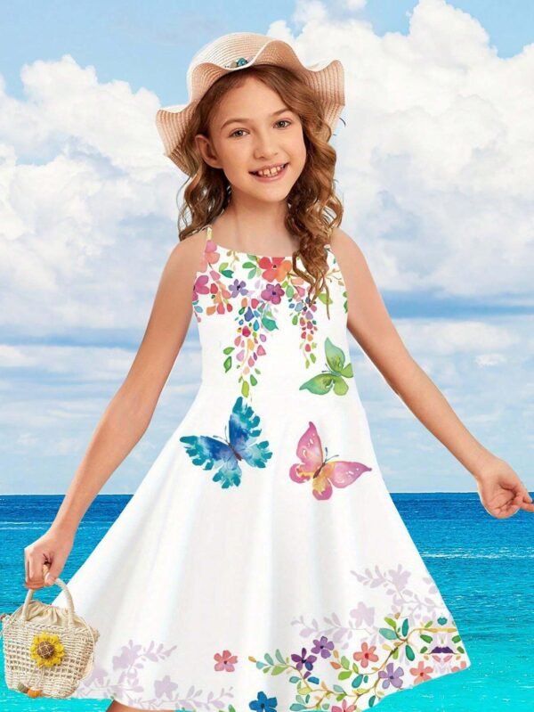 Vestido de tirantes cruzados con gráficos de mariposas para niña