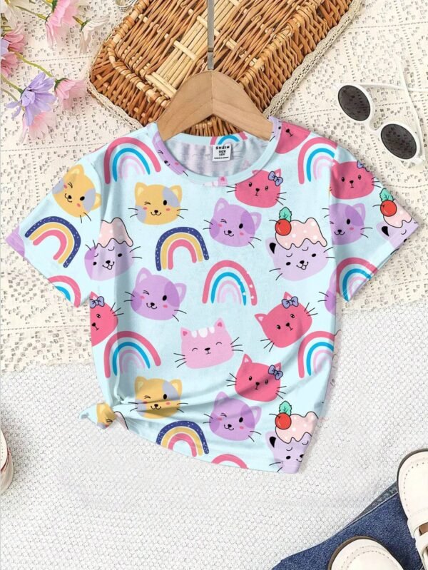 Camiseta de manga corta con estampado de gato casual para niña