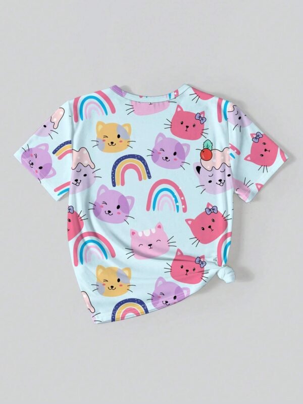 Camiseta de manga corta con estampado de gato casual para niña - Imagen 3
