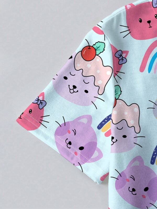 Camiseta de manga corta con estampado de gato casual para niña - Imagen 2