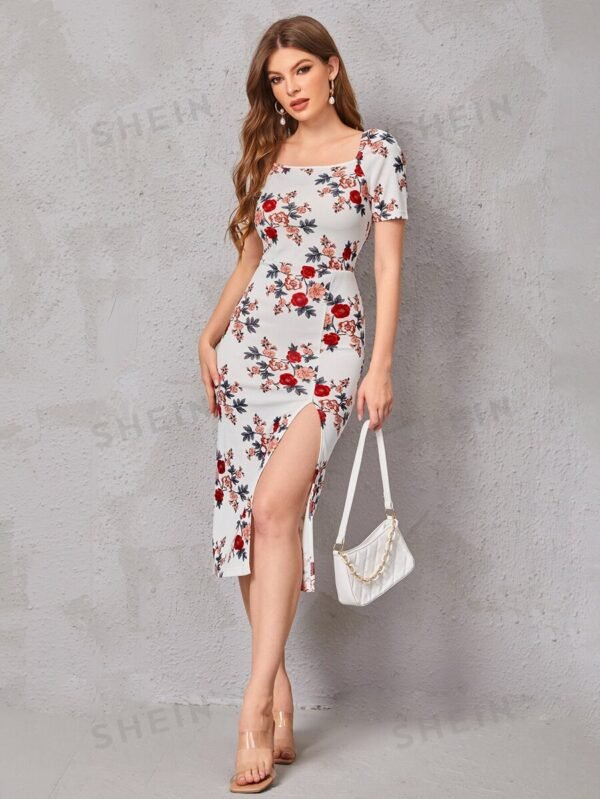 Vestido con estampado floral de muslo con abertura