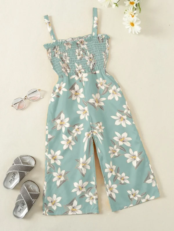 Jumpsuit de tirantes con estampado floral fruncido con fruncido