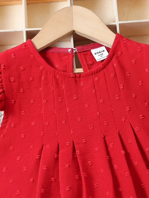 Vestido de estilo festivo de color sólido rojo con cuello redondo - Imagen 3