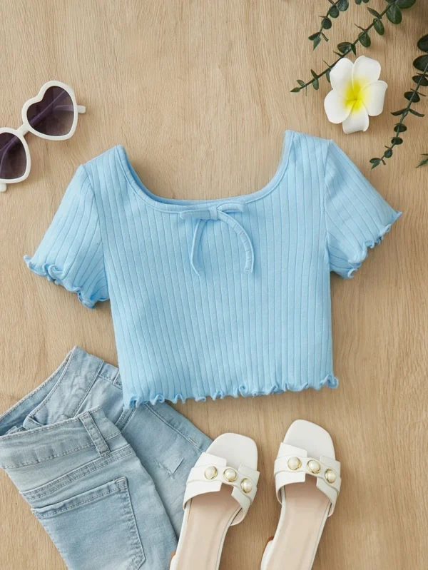 Camiseta Delantera Con Nudo Y Decoración De Lechuga Para Niñas