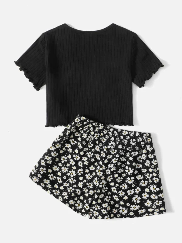 Camiseta Y Pantalones Cortos Impresos Con Flores Para Niña - Imagen 3