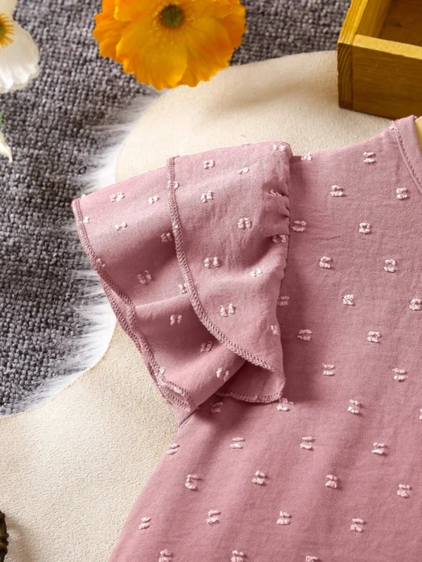 Vestido de manga corta con gorra de tejido de lunares para niña dobladillo con volantes - Imagen 3