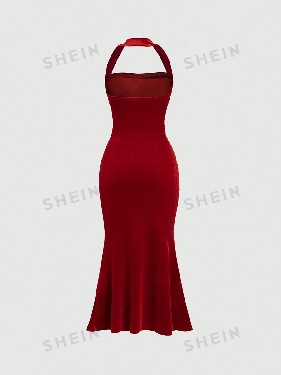 Vestido de cola de sirena con cuello de halter y plisado - Imagen 3