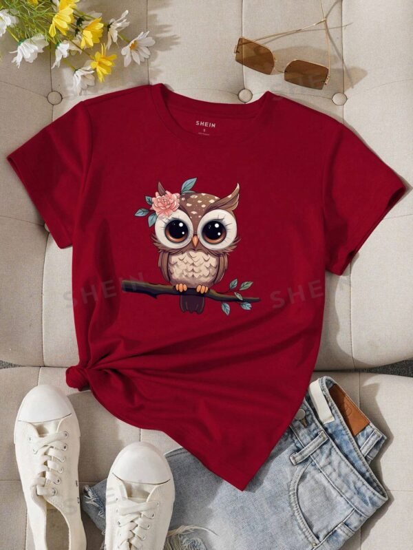 Camiseta de mujer de manga corta con estampado de búho