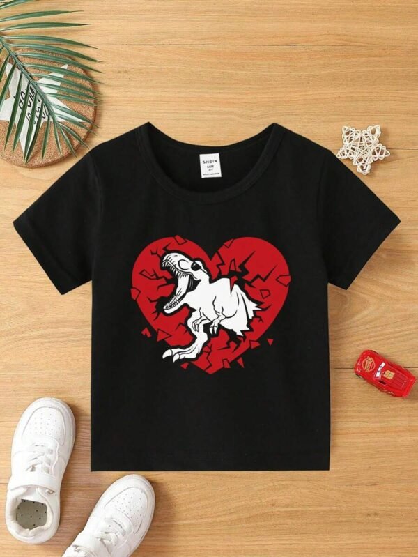 Camiseta Casual De Manga Corta De Cuello Redondo Con Estampado De Corazón Y Dinosaurio
