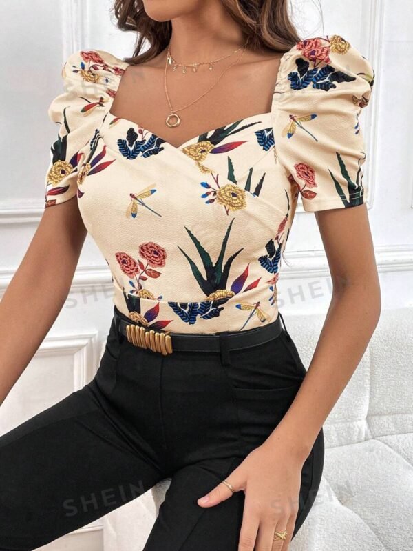 Camiseta De Manga Abullonada De Cuello Redondo Con Impresión