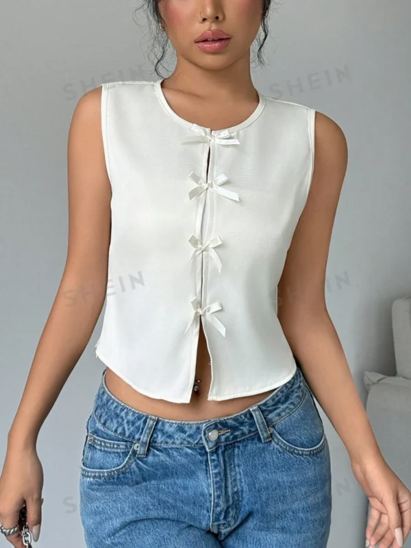 Camiseta corto sin mangas con lazo para mujer