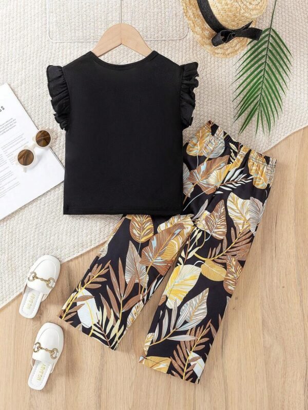 Blusa unicolor y pantalones estampados con plantas para niña - Imagen 3