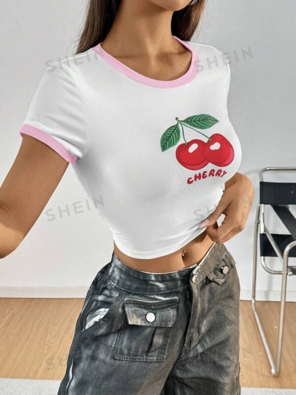 Camiseta de manga corta de verano con cuello redondo, estampado de frutas