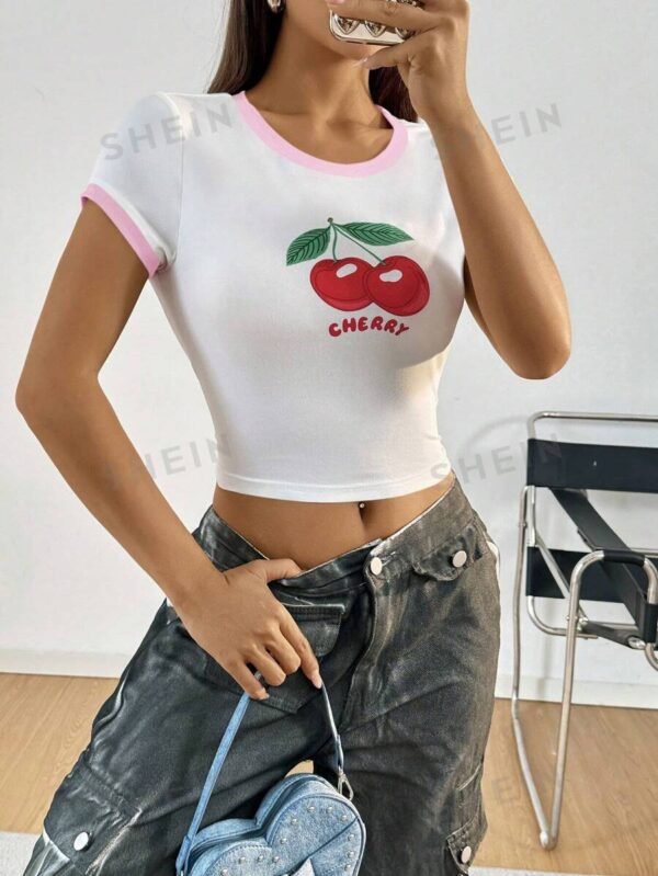 Camiseta de manga corta de verano con cuello redondo, estampado de frutas - Imagen 3