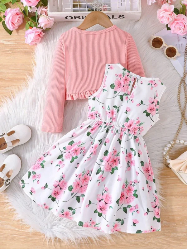 Conjunto de niña joven de 2 piezas con chaqueta con volantes y vestido sin mangas con estampado floral - Imagen 2