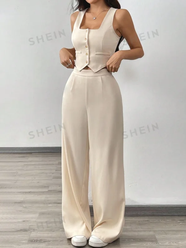 Conjunto de top de cárdigan sin mangas de cuello cuadrado color albaricoque y pantalones anchos