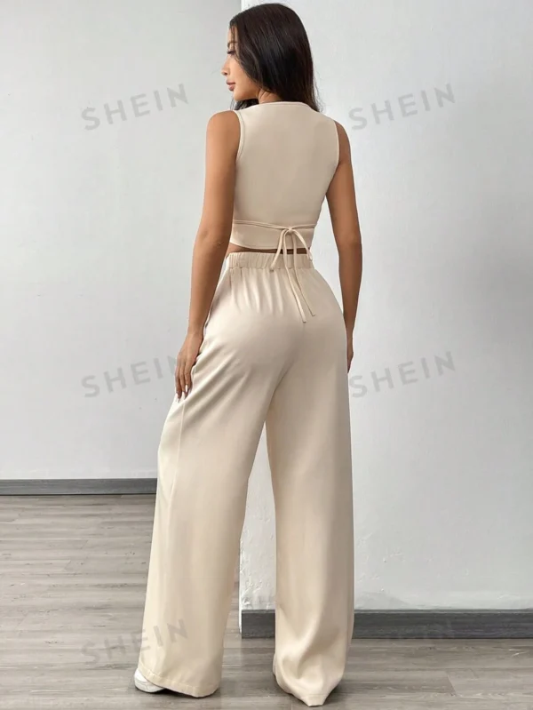Conjunto de top de cárdigan sin mangas de cuello cuadrado color albaricoque y pantalones anchos - Imagen 2