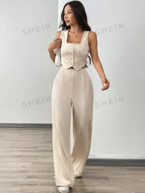 Conjunto de top de cárdigan sin mangas de cuello cuadrado color albaricoque y pantalones anchos - Imagen 3