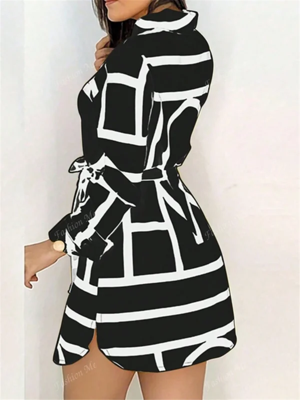 Vestido camisa de manga larga con estampado geométrico casual - Imagen 3