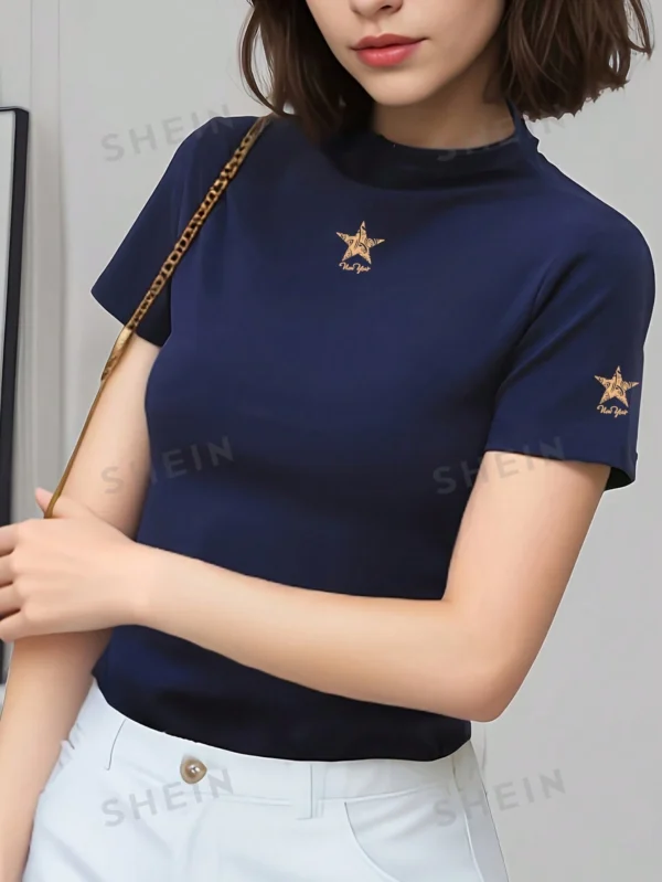 Camiseta casual de mujer de unicolor, cuello redondo, manga corta
