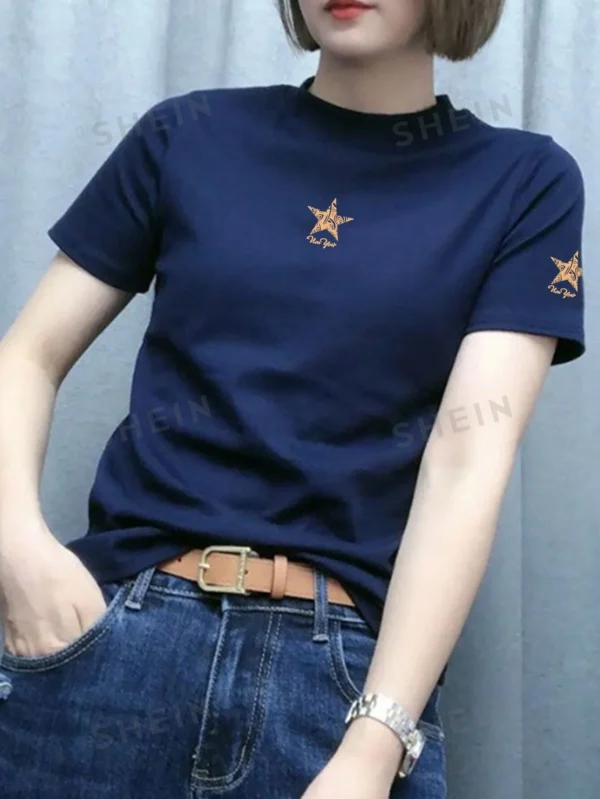 Camiseta casual de mujer de unicolor, cuello redondo, manga corta - Imagen 2