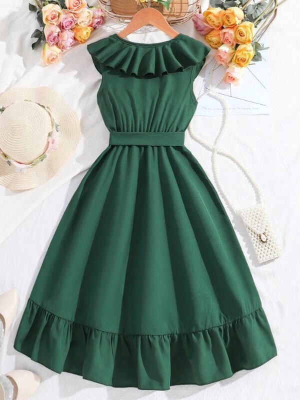 Vestido lindo sin mangas de unicolor con volantes en el bajo para niña - Imagen 3