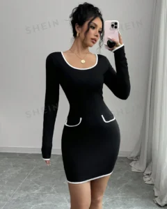 Vestido tubo de manga larga y entallado de color block