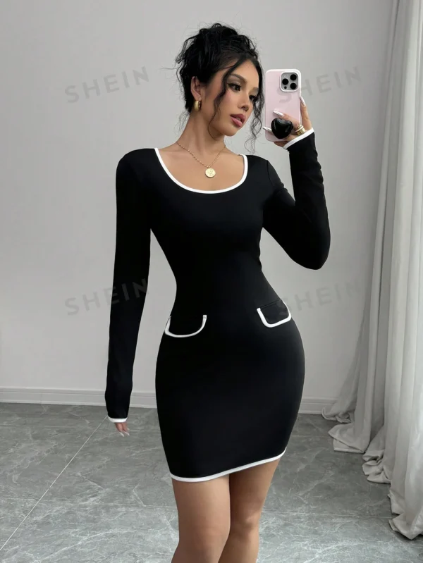 Vestido tubo de manga larga y entallado de color block