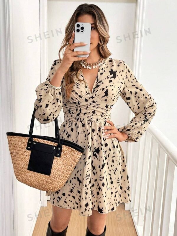 Vestido plisado de manga farol con estampado integral - Imagen 3