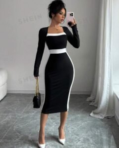 Vestido largo de mujer de escote cuadrado y ajustado