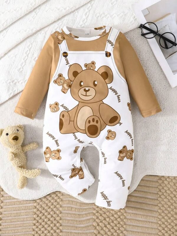Pelele con manga larga, diseño lindo de oso y letras para niño bebé