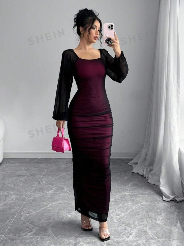 Vestido largo de manga larga elegante para mujer, cuello redondo