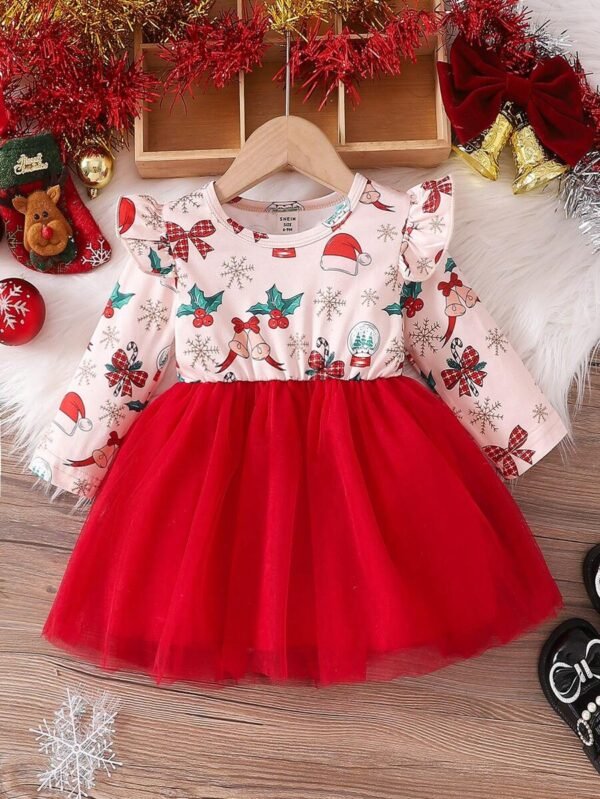 Vestido de manga larga con estampado, cuello redondo y manga corta de red