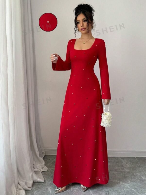 Vestido largo elegante de unicolor para mujer con decoración de cristal