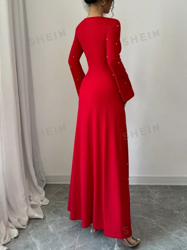Vestido largo elegante de unicolor para mujer con decoración de cristal - Imagen 2