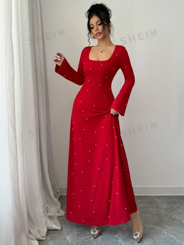 Vestido largo elegante de unicolor para mujer con decoración de cristal - Imagen 3
