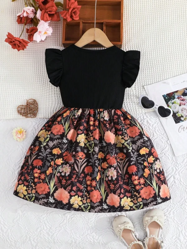 Vestido casual con estampado floral de selva para niña - Imagen 3
