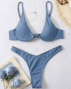 Bikini De Corte Alto Con Aros Lisos De Playa De Verano