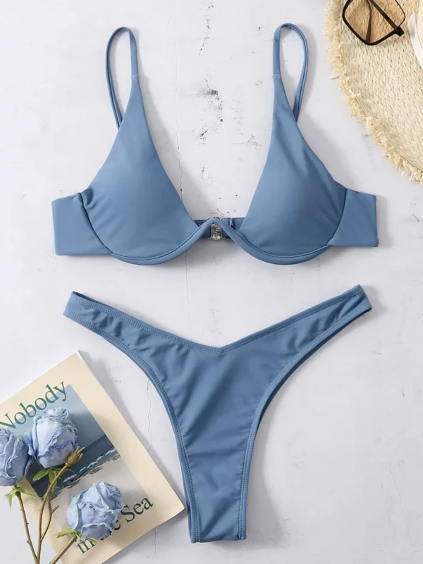 Bikini De Corte Alto Con Aros Lisos De Playa De Verano