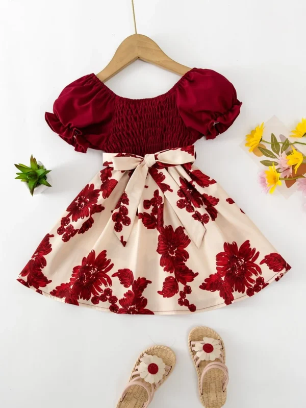 Vestido Con Estampado Floral Y Mangas Abullonadas Para Niña